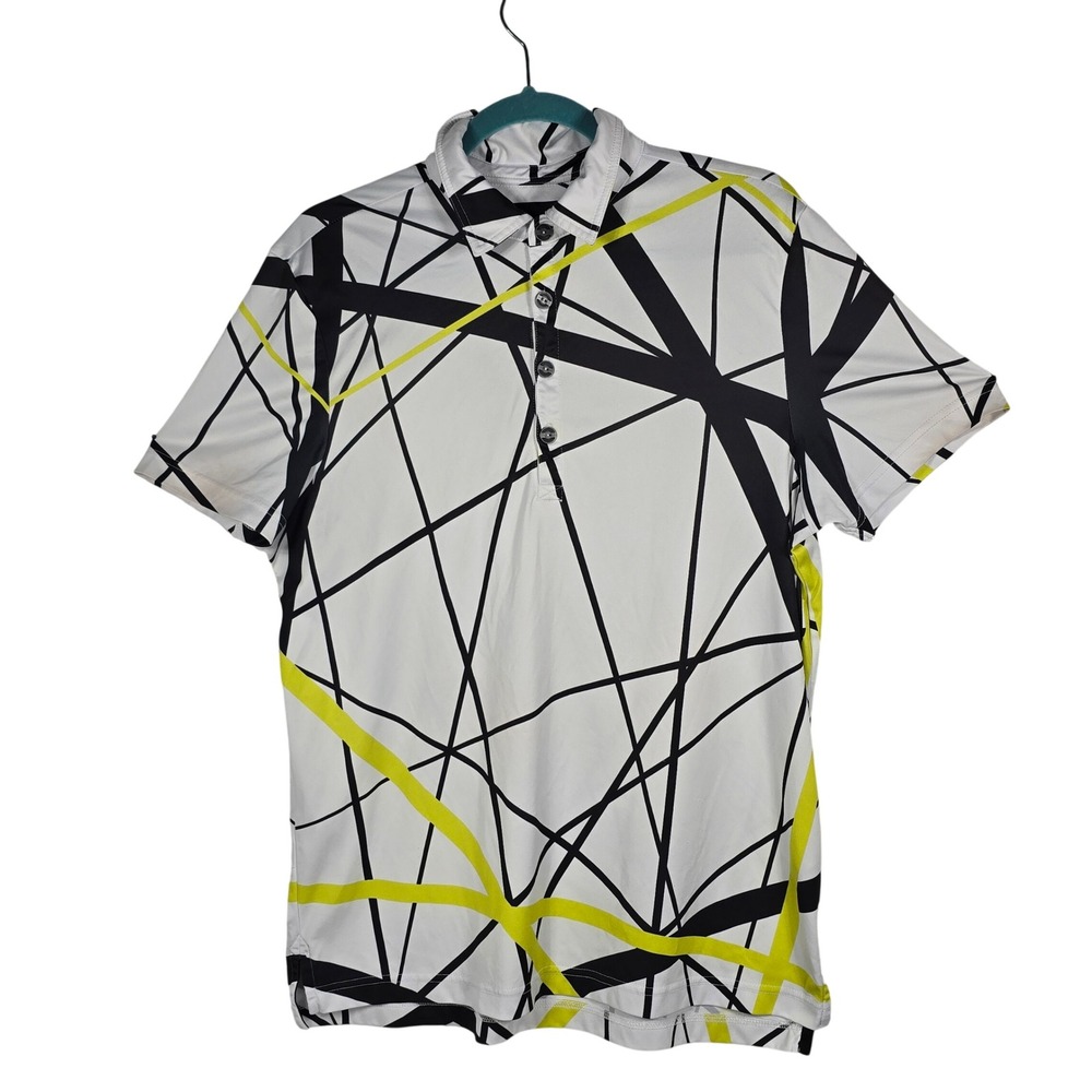 Jamie Sadock Mens Geometric Abstract Polo Shirt Medium White Black Lime Yellow